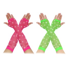 Neon Mesh Gloves, 2 Pairs Long Mesh Gloves, Cosplay, Rhinestone Fingerless Mesh Gloves, Sparkly Glitter Long Mesh Gloves, Women's Hand Warmers, Net for 80s Party, Fancy Dress, Costume Accessories,