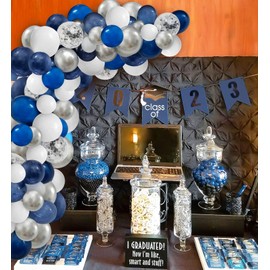 124pcs Blue Silver White Balloons Garland Arch Kit 5/10/12/18 Inch Royal Navy Blue White Metallic Silver Confetti Set for Birthday Wedding Graduation Party Father's Day Decor