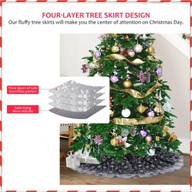 Christmas Wedding Tree Skirt, 4 Layer Snowflake Tulle Tree Decoration for Party Indoor, Fluffy Tree Cover Mat Ornament for Holiday, Black