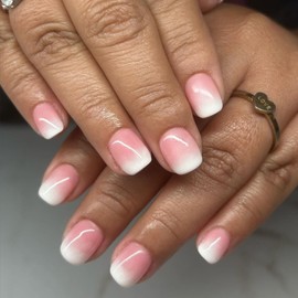 24 PCS Press on Nails Square Simple Pink Gradient Designs Winter Fake Nails Artificial Nude Full Cover Glue on False Nails Glossy Stick on Acrylic Nails for Women