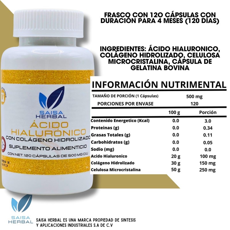 Acido Hialurónico + Colágeno Hidrolizado 120 Cápsulas Saisa Herbal