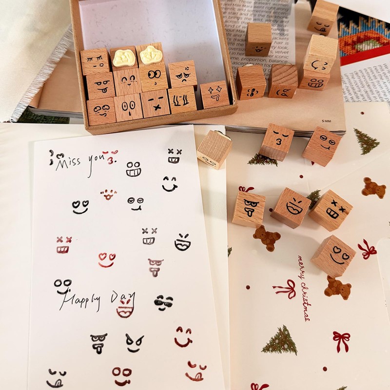 Wissppoott Mood Expression Wooden Rubber Stamps Kit - 25Pcs 3/5