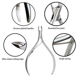 Rui Smiths Cuticle Nippers, Professional, Stainless Steel, Spanish Handle, Box Joint, Matte Chrome Plated, Single Spring (4mm Jaw/Quarter Jaw)