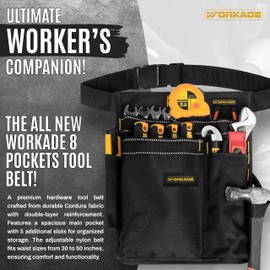 WORKADE Heavy Duty 8-Pockets Single Side Tool Belt for Men & Women–Adjustable Quick-Release Buckle Tool Belt for Electrician, Carpenter, Plumber. (Black, Adjustable)