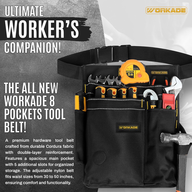 WORKADE Heavy Duty 8-Pockets Single Side Tool Belt for Men
