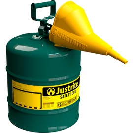 Justrite 5 Gallon Type I Green Safety Can for Oil with Flame Arrester, Self-Closing Lid, and Funnel, Made in the USA, Galvanized Steel Flammable Storage Can, 7150410
