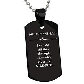 Tioneer Black Stainless Steel Strength Philippians 4:13 Dog Tag Pendant Necklace