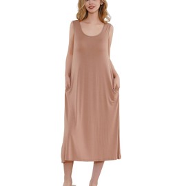 Volcathix Women Long Modal Nightgown Sleeveless Sleep Dress with Built-in Padded Bra Loungewear Dusty Pink