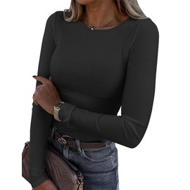 Zeagoo T Shirts for Women Black Long Sleeve Scoop Neck Crop Top Cute Trendy Summer Fall Tee Clothing