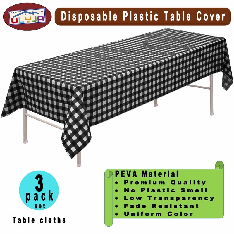 PARTY ULYJA Black & White Gingham Checkered Tablecloths Plastic 3-Pack
