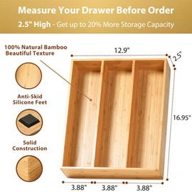 Umilife Bamboo Kitchen Utensils Organizer, 13 Inch Drawer Dividers for Silverware, Extra Deep Holder, with Non-Slip Feet, Wood Caddy for Flatware Cutlery