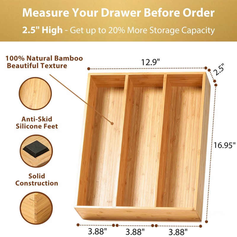 Umilife Bamboo Kitchen Utensils Organizer, 13 Inch Drawer Dividers for