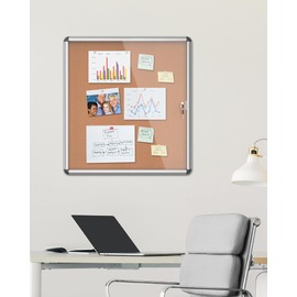 Mifuro 28"x26" Enclosed Bulletin Board, Lockable Weather-Resistant Aluminum Cork Noticeboard for School & Office, Silver Frame w/Cork