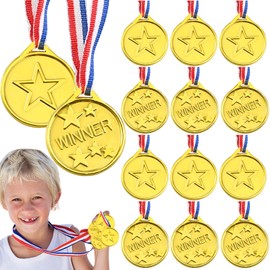 Goldge Winners Medal Gold Plastic for Party Sports Day Toys Prize Award, Pack of 12