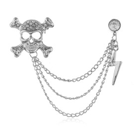 Vintage Skull Crossbone Rhinestone Brooch Retro Personality Crystal Lighting Chain Tassel Shirt Collar Suit Badge for Unisex Men, Silver Gemstone