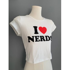 Woxlica I Heart Nerds Tshirt y2k Graphic Baby Tees for Women Summer Crop Tops White L
