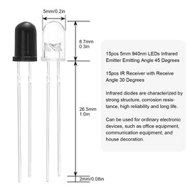 YIOVVOM F5 940nm LEDs Infrared Emitter and IR Receiver Diode for Arduino 5MM Infrared Emission+Receiver Tube (Set of 30pcs)