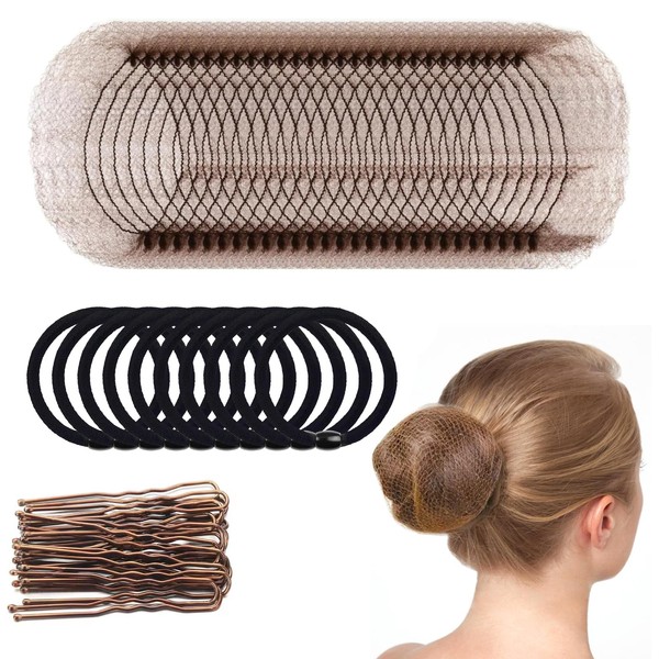 100 PCS Bun Nets Brown Set, 40 PCS Elastic and