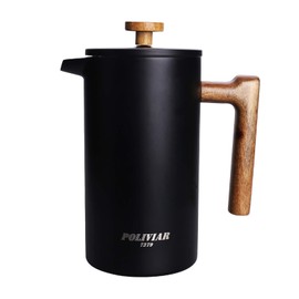 POLIVIAR French Press Coffee Maker, 34 Ounce Coffee Press with Teak Wood Handle, Double Wall Insulation & Dual-Filter Screen, Food Grade Stainless Steel for Good Coffee and Tea (Lava)