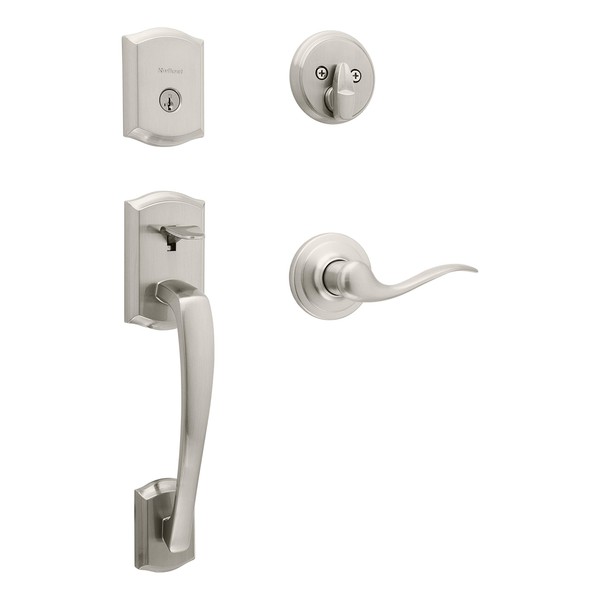 Kwikset Prescott Front Door Handleset Lock With Interior Lever, Single Cylinder Entry Deadbolt, Featuring SmartKey Re-Key Security Technology and Microban Protection, in Satin Nickel
