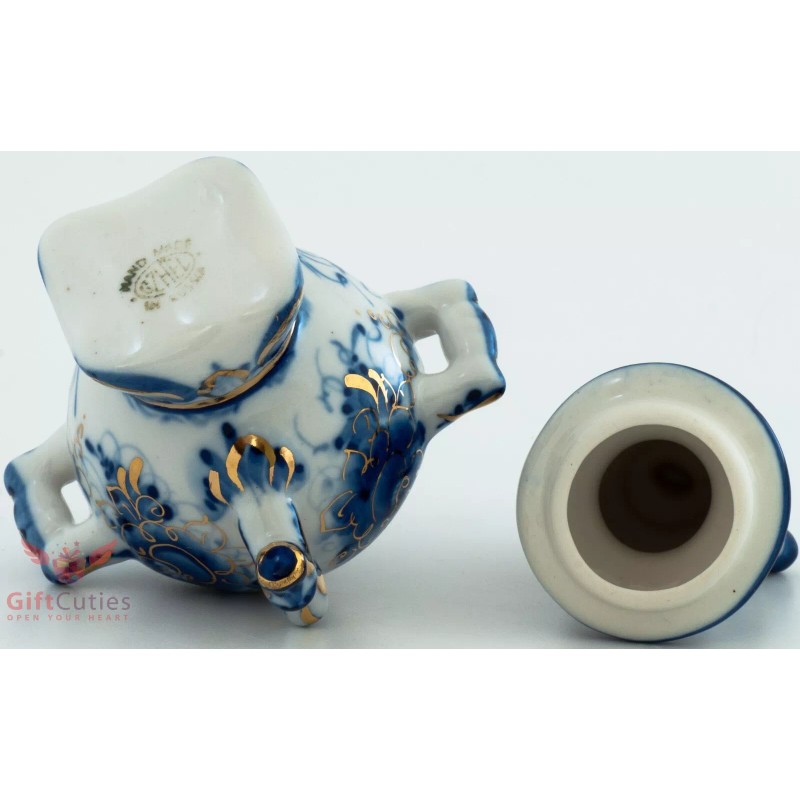 Gzhel Blue White & Gold Porcelain Samovar Teapot Figurine collectible