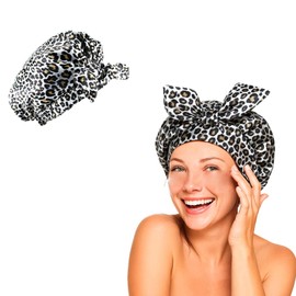 Shower Cap for Women, Shower Hat, Waterproof Reusable Shower Caps, Hair Shower Caps for Long, for Both Men Women, Silky Sleep Bathing Cap for Long Curly, White Leopard Print Design