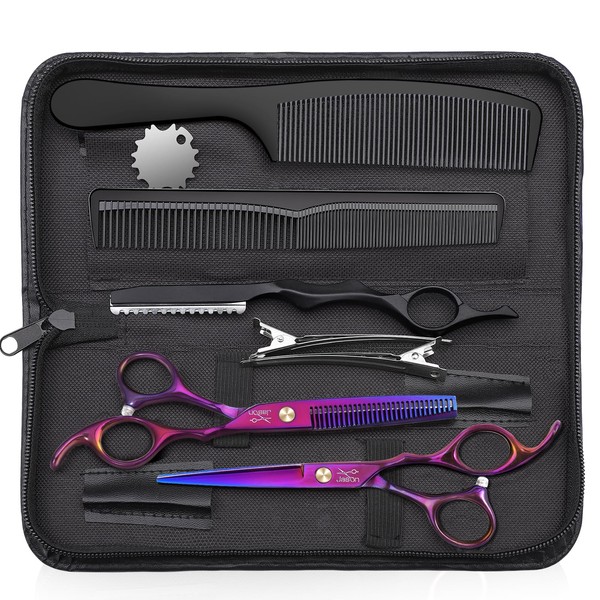 JASON Hair Cutting Scissors Set - Professional 10 PCS Haircut Scissors kit, Thinning Blender Scissors, Straight Shears with 30 Teeth for Men Women Home Salon Barber (6.7", Purple)