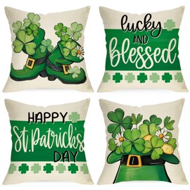 Ussap Happy St Patricks Day Decorative Throw Pillow Covers 18 x 18 Set of 4, Leprechaun Shoes Top Hat Shamrock Clover Cushion Case Decor, Irish Spring Lucky and Blessed Home Decoration for Sofa Couch