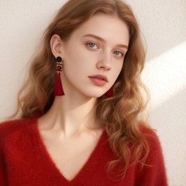 WEMSPF Red Tassel Earrings for Women, Chinese Dangle Drop Earrings with Gold Plated Alloy with Sterling Silver Posts, Boho Ethnic Statement Earrings, Gift for Birthday Christmas Party