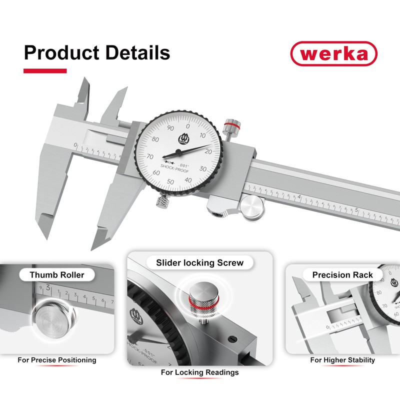 werka Dial Caliper 12 Inch, Shockproof Dial Caliper Measuring Tool