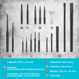 DURATECH 18 Piece Punch/Chisel/Alignment Tool Set, Including Pin Punch, Center Punch, Nail punch, Alignment Tool, Cold Chisel, Chisel Gauge, for Removing Repair Tool, with Rolling Pouch