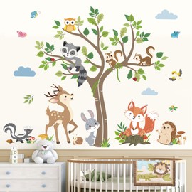 decalmile Woodland Animals Tree Wall Decals Forest Animals Deer Fox Rabbit Racoon Wall Stickers Living Room Baby Nursery Kids Room Wall Decor