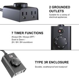 Outdoor Timer Outlet for Light with Dusk to Dawn Sensor Timer, Outdoor Light Timers for Electrical Outlets Waterproof 2 Grounded Outlets for Holiday Decor String Lights, ETL FCC Certified