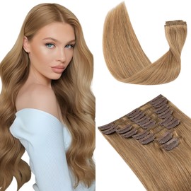 Elailite Hair Extensions Clip in Real Hair Human Hair Remy Natural - 8 Pieces Invisible Thin Weft Full Head Straight - #27 Dark Blonde - 20 Inch (70 g)