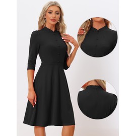 Allegra K Work Dresses for Women 2025 Vintage 3/4 Sleeve Church Semi Formal Fit and Flare Dress X-Small Black