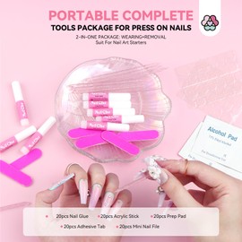 SAVILAND 20PCS Press on Nail Tool Kit: Nail Prep Kit with Nail Glue, Adhesive Tabs, Mini Nail File, Acrylic Sticks, Prep Pads for Press on Nail Art Starters Press On Nail Packaging for Salon Business