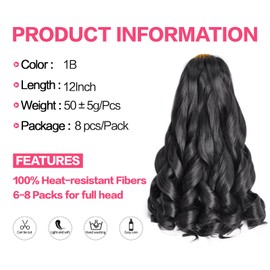 French Curl Braiding Hair 12 Inch 8 Packs Natural Black Curly Braiding Hair Pre Stretched 50g/pack Loose Wavy Crochet Hair Synthetic Hair Extensions for Black Women (12 inch,8 packs, 1B)