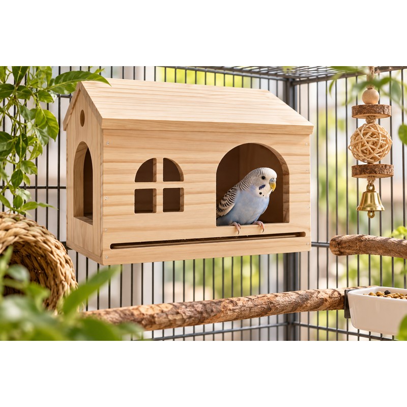 Wooden Bird House for Small Birds – Removable Bottom Net,