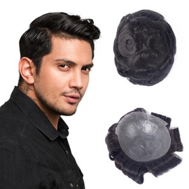 CARA Toupee hair for men 8 X 10 inch 0.04mm Ultra Thin Skin V-loop 100% human hair 120% Medium light to Medium density 1b#, 12pcs lace super tape.