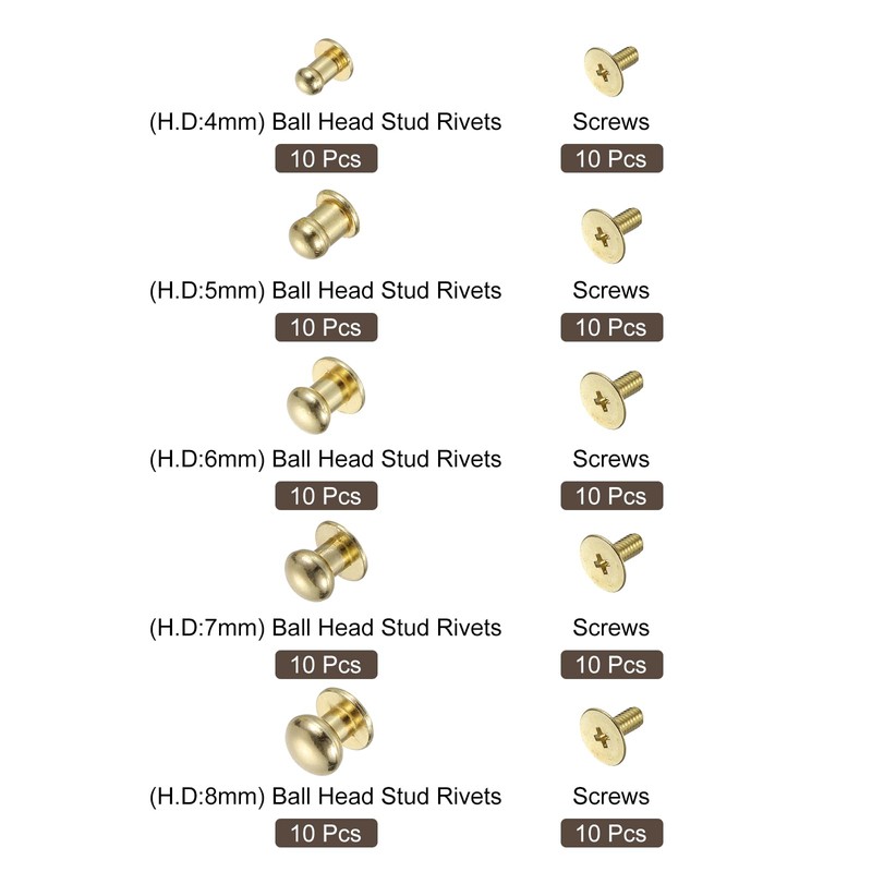 QUARKZMAN 4/5/6/7/8mm Ball Head Rivets Screw Rivets, 50 Pack Round