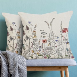 AEIOAE Spring Pillow Covers 20x20 Inch Set of 2, Black Wild Flower Throw Pillows Case,Colorful Seasonal Floral Plant Outdoor Decorative Farmhouse Decor Cushion Covers for Home Sofa Bed Couch