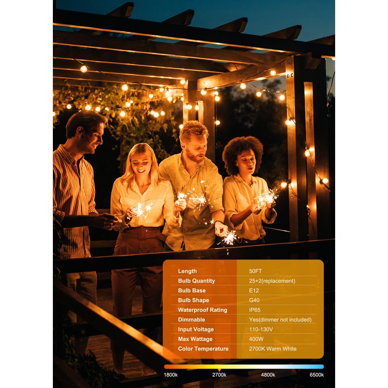 Brightown Outdoor String Lights, 50FT 25 G40 Bulbs Shatterproof Patio