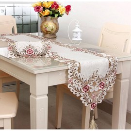 Bigood Scandinavian Table Runner 15.7 x 77.8 inches (40 x 196 cm), Lace, Embroidery, Floral Pattern, Table Center, Table Decoration, with Tassel for Party, Interior Decoration