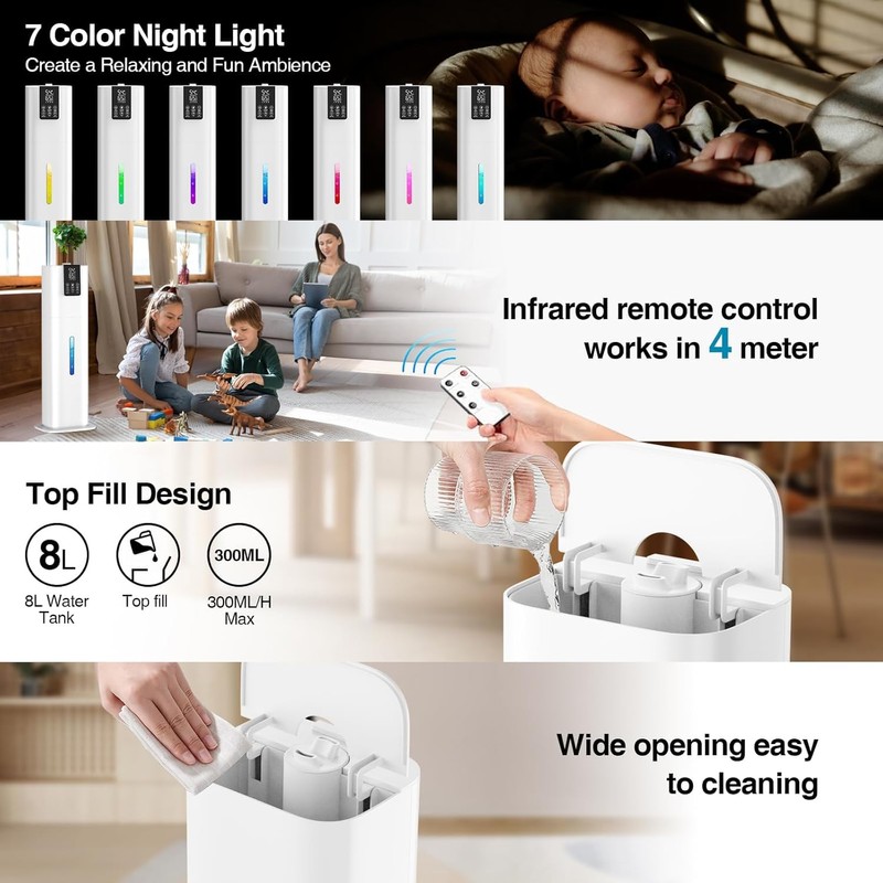 8L/2.1 Gal Smart Humidifier Large Room, Top Fill Cool Mist
