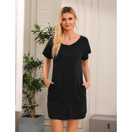 iClosam Women's Maternity Nightdress Button Down Nightgown Soft Cotton Breastfeeding Nightwear Labour Nursing for Hospital Pyjamas Loungewear Black