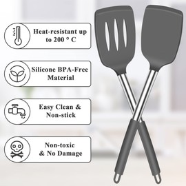 Silicone Cooking Spatula Turner, Heat Resistant Large Silicone Slotted Spatula Solid Spatulas for Nonstick Cookware, BPA Free Black Silicone Kitchen Flipper Spatula Dishwasher Safe for Baking, Grey
