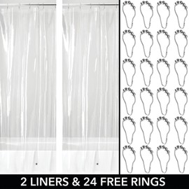 mDesign PEVA Shower Curtain with 12 Roller Hooks - Odourless Water Resistant Shower Curtain with Magnets in Hem - Ideal for Bath Curtain 72" x 72" - Clear and Silver
