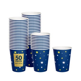PAW - Disposable Paper Cups (8,5 oz, 50-Pack), Hot & Cold Paper Coffee Cups, Navy-Blue Drinking Cups with Starlit Sky Theme for Birthday, Party, Kids Party, BBQ, New Year's Eve