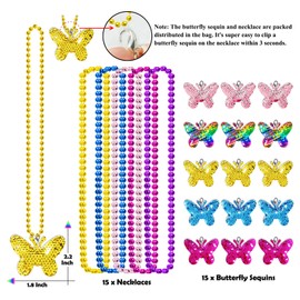 CiciBear 15 Pack Double-Deck Butterfly Sequin Necklace Party Favors with Mardi Gras Beads for Butterfly Theme Party Decor,Girls Birthday Baby Shower Wedding Return Gifts, 5 Colors