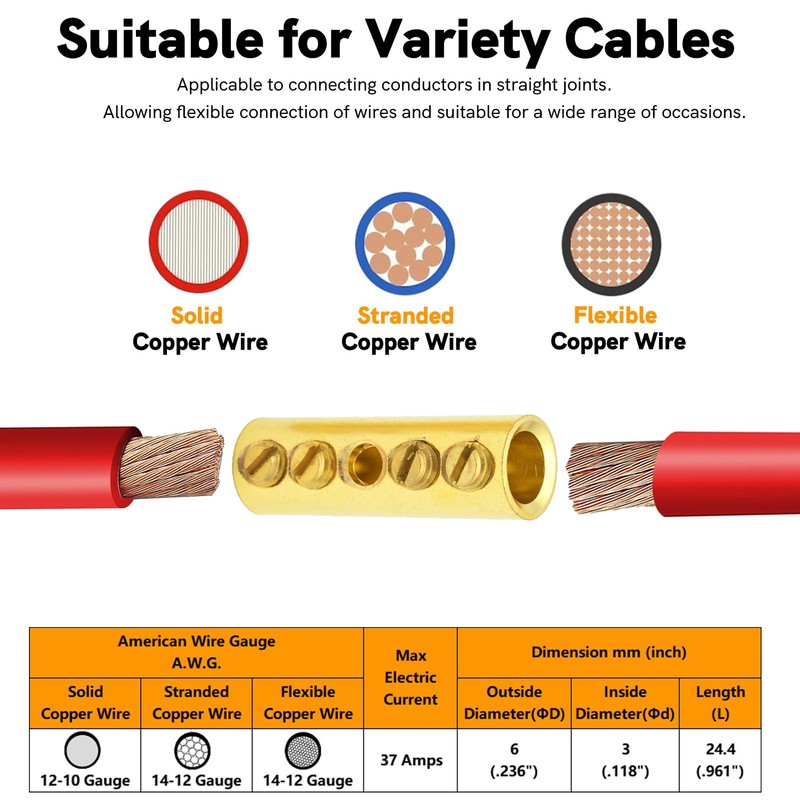 14-12 Gauge Wire Butt Connectors 20 PCS Brass Mechanical Butt